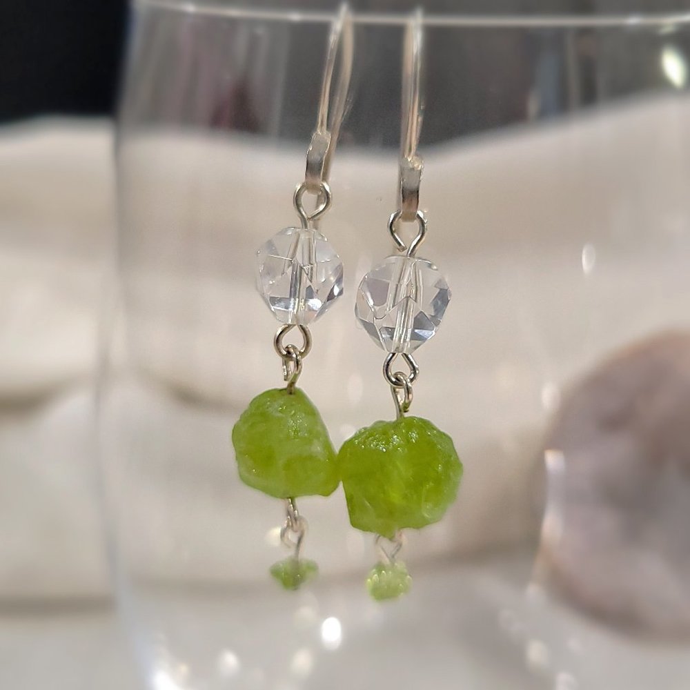 Raw Peridot and Rock Crystal Earrings